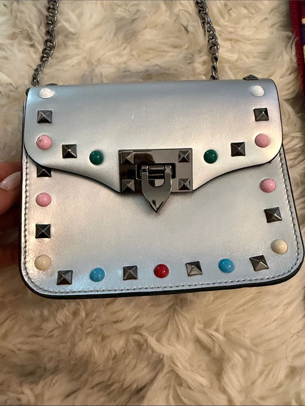 Vera Pelle Metallic silver  Crossbody with Multicolor Studs and 2 Straps